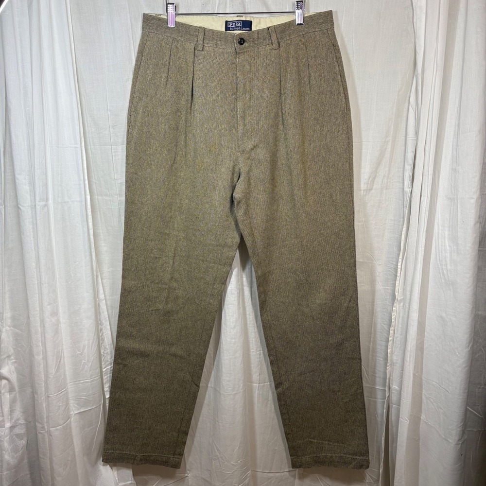 Polo Ralph Lauren Herringbone Pleated Front Pants Chinos Black Khaki‎ Size 34